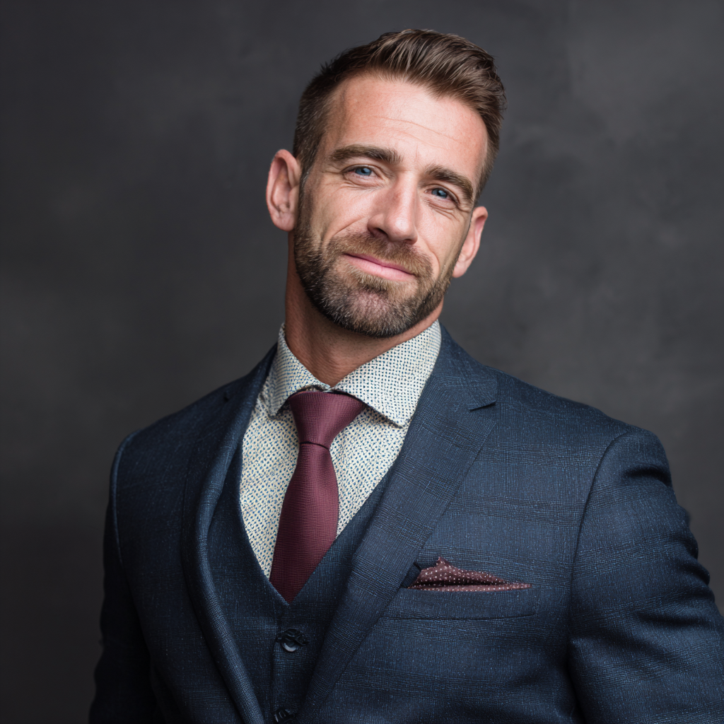 Confident businessman in suit showing muscular physique after transformation, professional photo shoot setting