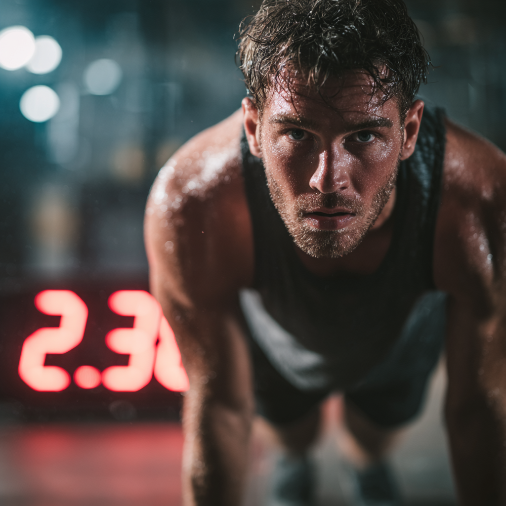 Motivated man completing intense workout challenge, sweating and determined, gym environment with timer showing