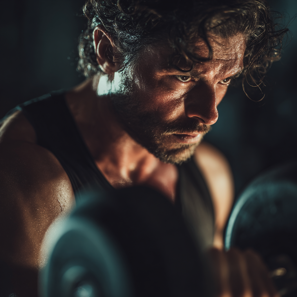Strong determined man working out with weights in modern gym, focused expression, dramatic lighting